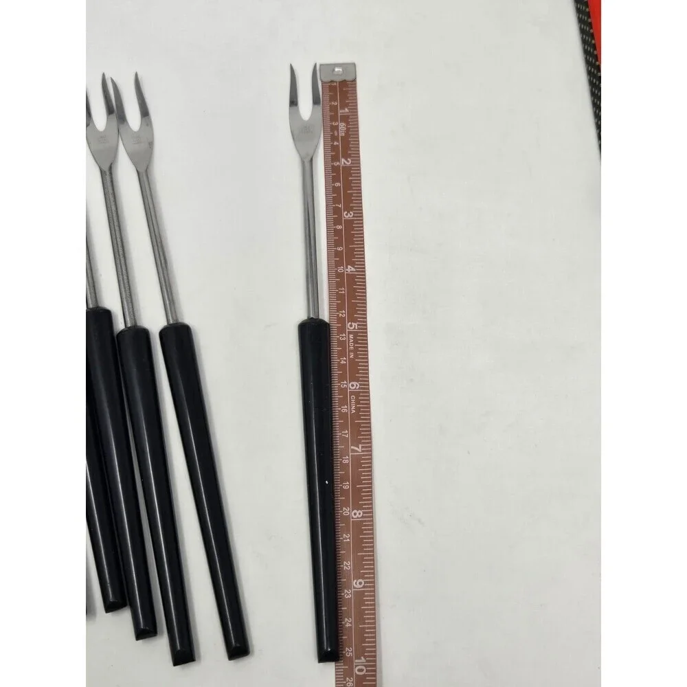 VINTAGE STAINLESS STEEL BLACK HANDLE FONDUE FORKS SET OF 6 WITH BOX FRANCE MCM